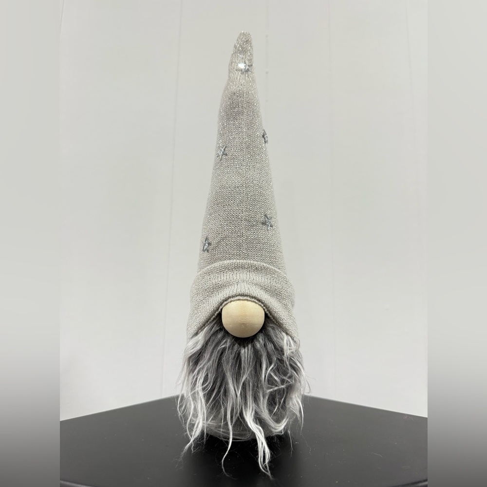 Handmade Holiday Gray Knit Gnome Decor, approximately 14” tall